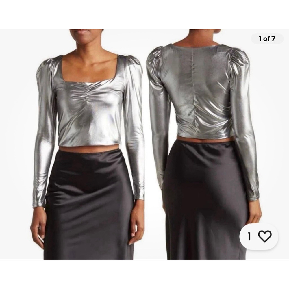 Torn by Ronny Kobo Selina Metallic Long Sleeve Ruched Crop Top SZ S